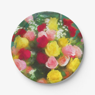 Assiettes En Carton Peinture Bouquet Rose - Jolie Art Fleur Originale