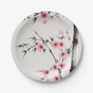 Assiettes En Carton Peinture de bambou et de fleurs de cerisiers dans