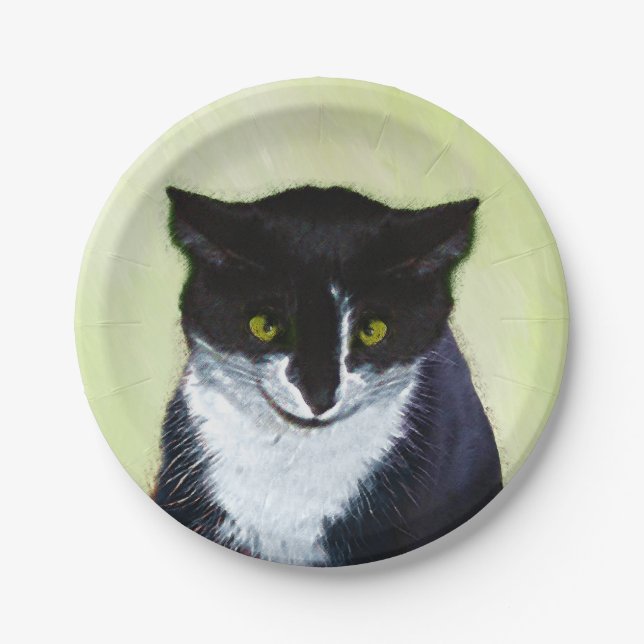 Assiettes En Carton Peinture de chat Tuxedo - Cute Original Cat Art (Devant)