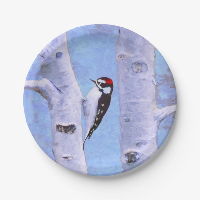 Assiettes En Carton Peinture Downy Woodpecker - Art original pour oise (Devant)
