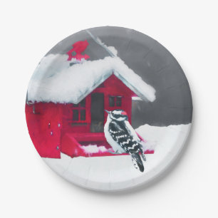Assiettes En Carton Peinture Downy Woodpecker - Art original pour oise