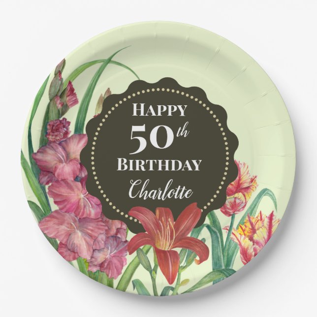 Assiettes En Carton Peinture florale chaude pour 50e anniversaire avec (Devant)