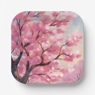 Assiettes En Carton Peinture florale rose d'arbres de fleurs de cerisi