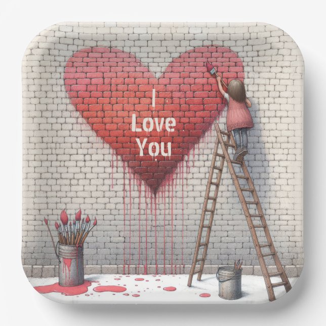 Assiettes En Carton Peinture I Love You Heart Mural (Recto)