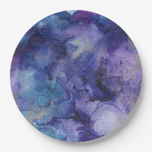 Assiettes En Carton Peinture marbrée bleu et violet à l'aquarelle liqu
