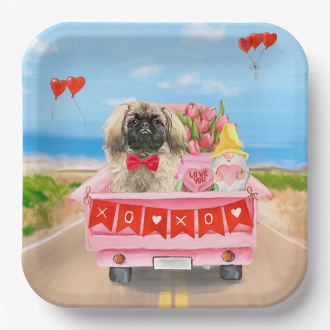 Assiettes En Carton Pekingese Chien Saint Valentin Coeurs de Camion (Recto)