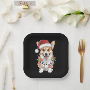 Assiettes En Carton Pembroke Welsh Corgi Père Noël Lumières de l'arbre
