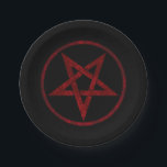 Assiettes En Carton Pentagram Red Devil<br><div class="desc">Pentagramme rouge,  inversé,  texturé en cercle,  sur arrière - plan noir. Symbole occulte 666</div>