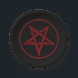 Assiettes En Carton Pentagram Red Devil<br><div class="desc">Pentagramme rouge,  inversé,  texturé en cercle,  sur arrière - plan noir. Symbole occulte 666</div>