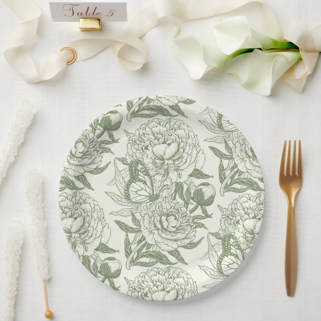 Assiettes En Carton Peoné et papillons bloc impression, sauge vert et (Mariage)