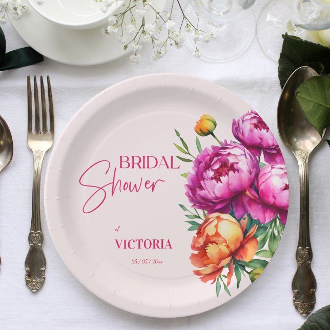 Assiettes En Carton Peonées de pêche magenta rose élégante douche nupt (Pink magenta peach peonies floral elegant bridal shower template paper plates personalized tableware)