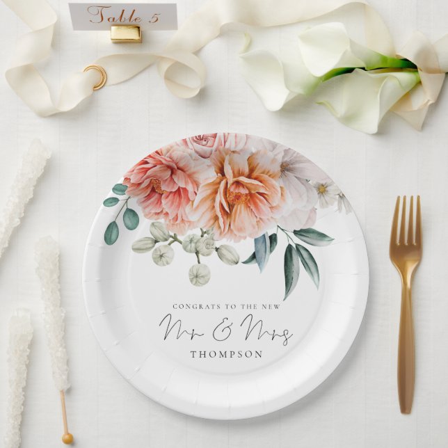 Assiettes En Carton Peonies Peach Coral Félicats M. Mme la Mariage (Mariage)