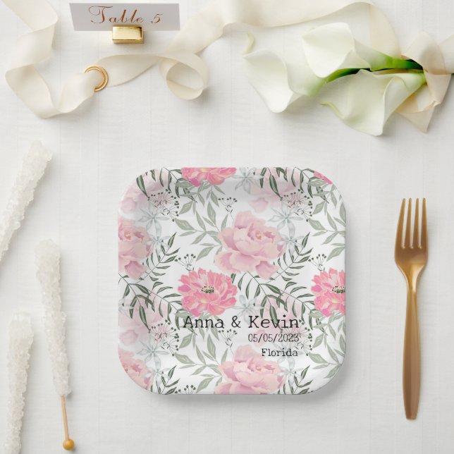 Assiettes En Carton Peonies rose fleurs plaques de papier (Mariage)