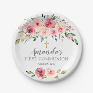 Assiettes En Carton Peonies Rose Floral Communion