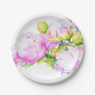 Assiettes En Carton Peonis, rose, blanc, aquarelle peinture florale