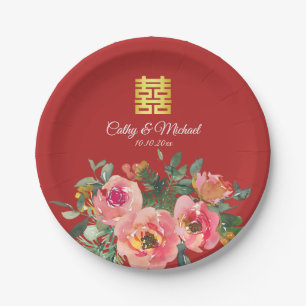 Assiettes En Carton Peony floral double bonheur chinois mariage rouge