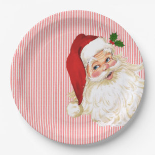Assiettes En Carton Père Noël à rayures rouge et blanc de style rétro