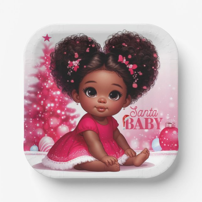 Assiettes En Carton Père Noël Baby Afro Puff bébé fille Noël (Recto)