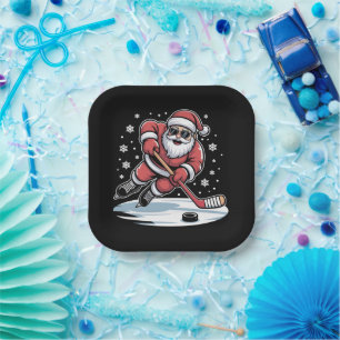Assiettes En Carton Père Noël de Noël drôle jouant au hockey sur glace
