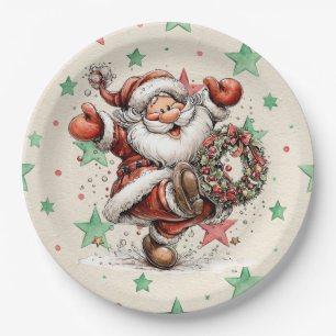 Assiettes En Carton Père Noël donnant un coup de pied à une couronne d