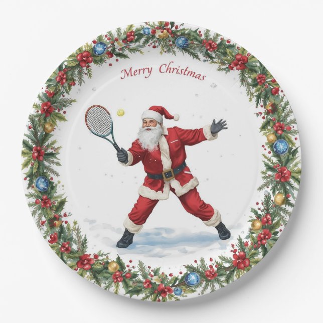 Assiettes En Carton Père Noël joue au tennis Joyeux thème Noël (Devant)