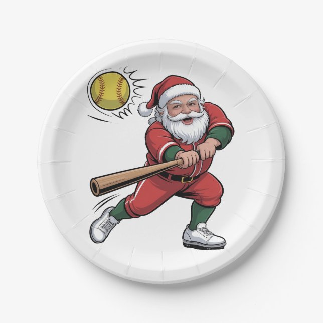Assiettes En Carton Père Noël Jouer Softball Christmas Player Sport (Devant)
