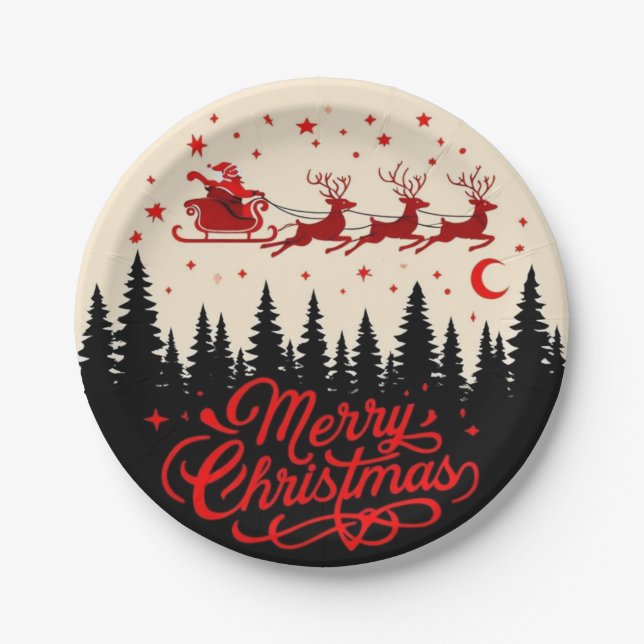Assiettes En Carton Père Noël Sleigh Joyeux Noël Forêt Scène Art" (Devant)