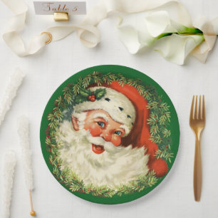 Assiettes En Carton Père Noël vintage avec couronne de pin