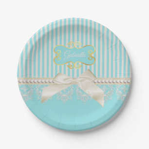 Assiettes En Carton Perles et dentelle Aqua Stripes Crème Bow avec nom