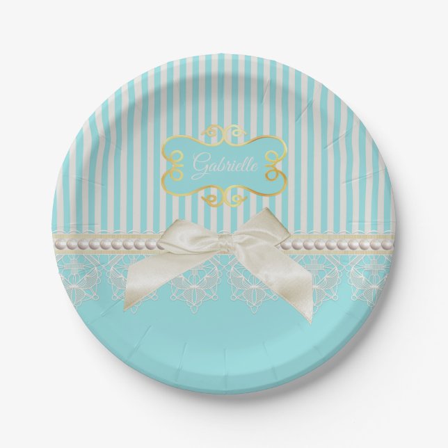 Assiettes En Carton Perles et dentelle Aqua Stripes Crème Bow avec nom (Devant)