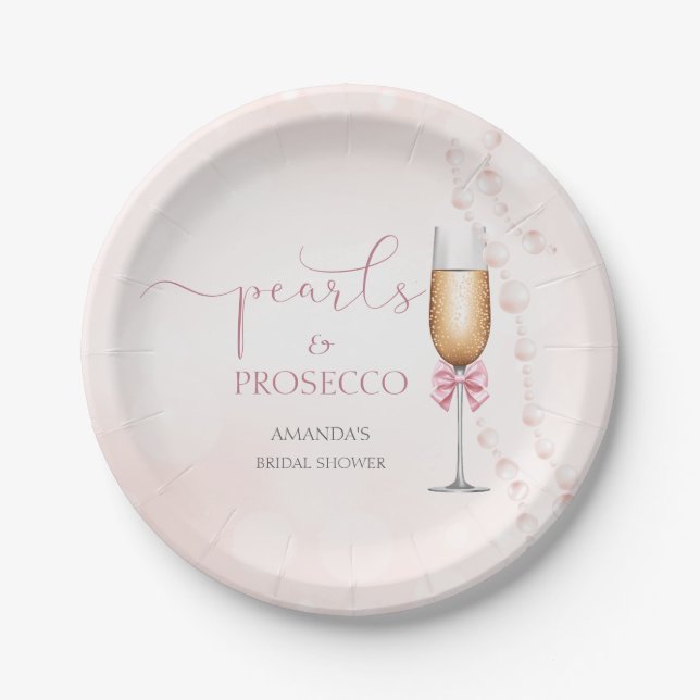 Assiettes En Carton Perles et Fête des mariées rose Prosecco (Devant)