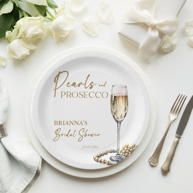Assiettes En Carton Perles et la douche de mariée de prospect élégant  (Pearls and prosecco bridal shower elegant monogram printed paper plates personalized tableware decor)