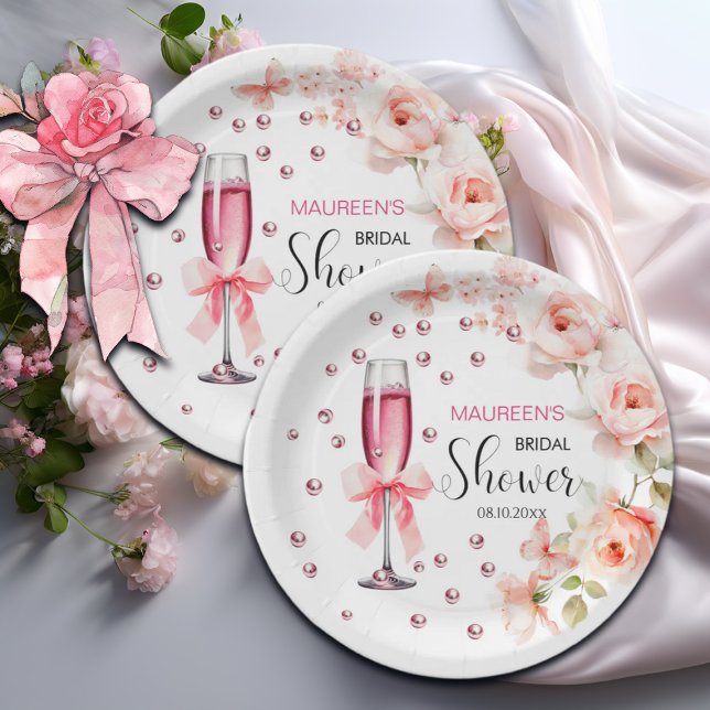 Assiettes En Carton Perles et Prosecco Roses Rose Poussiéreuses Mariag (Créateur téléchargé)