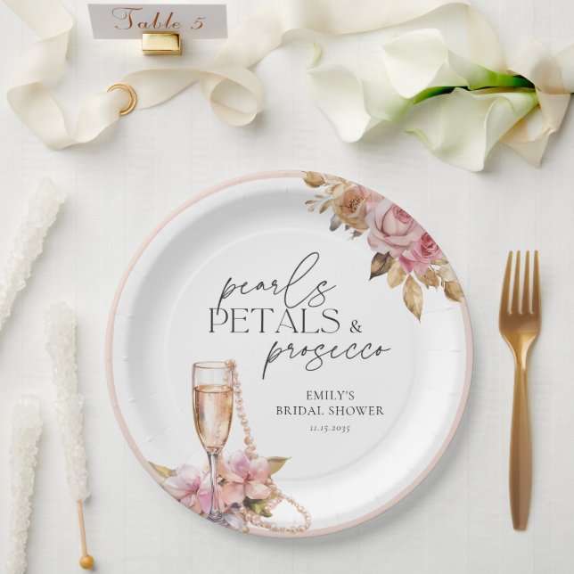 Assiettes En Carton Perles Pétales & Prosecco Fleurs Réception de Mari (Mariage)