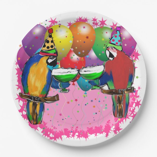 ASSIETTES EN CARTON PERROQUETS D'ANNIVERSAIRE (Devant)