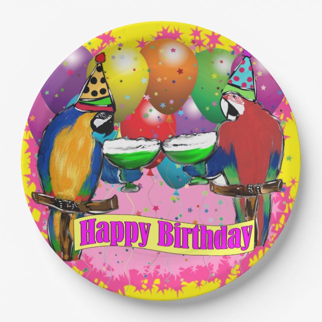 ASSIETTES EN CARTON PERROQUETS D'ANNIVERSAIRE (Devant)