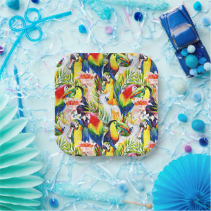 Assiettes En Carton Perroquets Et Feuilles De Palmiers