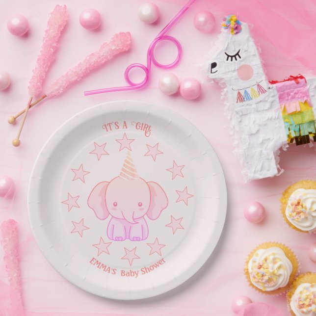 Assiettes En Carton Personalized Cute Elephant Pink Baby Shower (Fête)