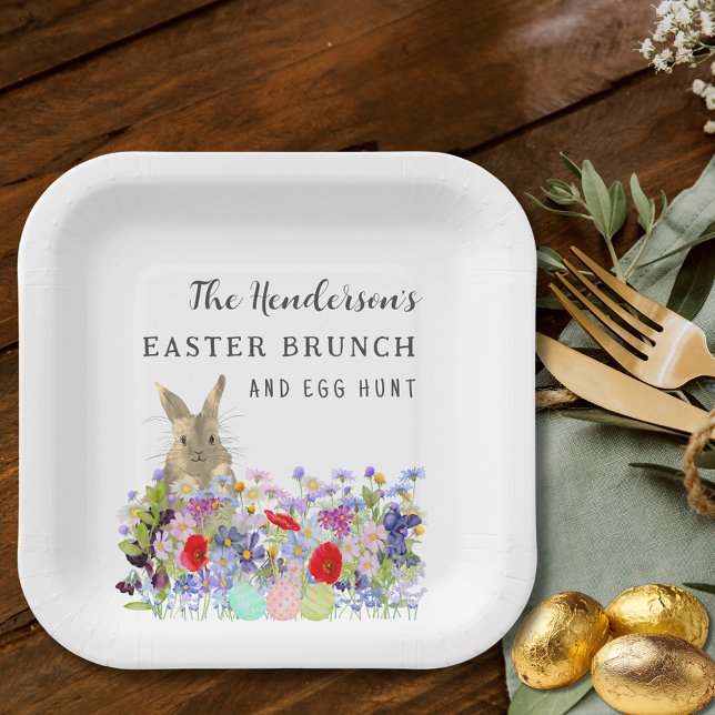 Assiettes En Carton Personalized Easter Egg Hunt Brunch Bunny Floral (Personalized Easter egg hunt spring brunch cute bunny wildflower floral paper plate)