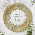 Assiettes En Carton Personalized Elegant Gold Greenery Celebration<br><div class="desc">Featuring delicate soft watercolor leaves on a gold background,  this chic botanical paper plate can be personalized with your special message set in elegant text. Perfect for weddings,  bridal showers,  baby showers,  baptism,  engagement parties,  anniversary celebrations,  and birthday get-togethers. Designed by Thisisnotme©</div>