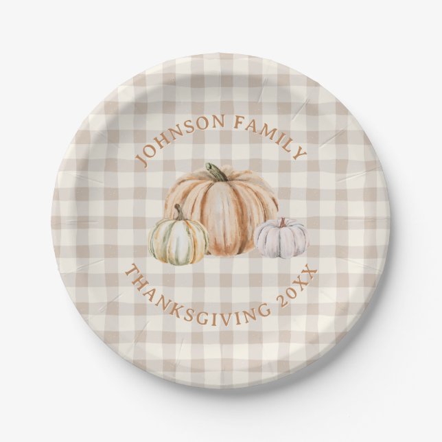 Assiettes En Carton Personalized Family Name Thankful Neutral Gingham (Devant)