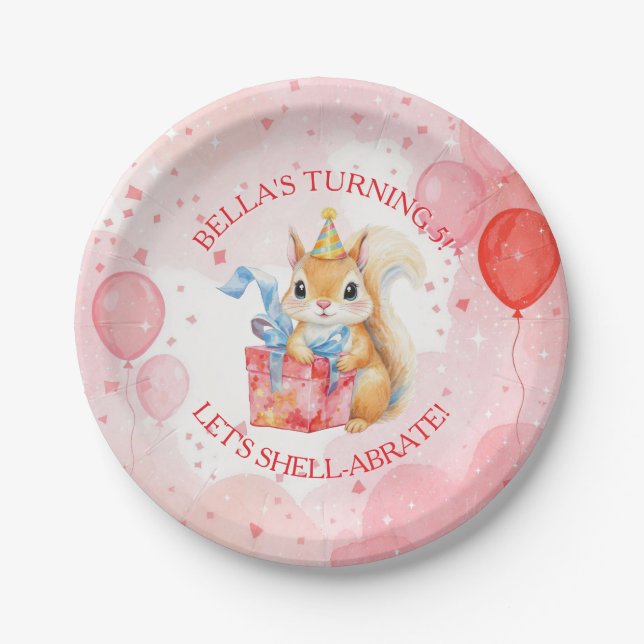 Assiettes En Carton Personalized Girl's Birthday Squirrel Pink and Red (Devant)