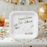 Assiettes En Carton Personalized Graduation Square Paper Plates<br><div class="desc">Make your graduation celebration even more special with these personalized square paper plates featuring a clean and elegant academic design. The illustration includes hand-drawn books, an open book, and a playful dotted path with a paper airplane — a symbol of knowledge, dreams, and the exciting journey ahead. The minimalist black-and-white...</div>