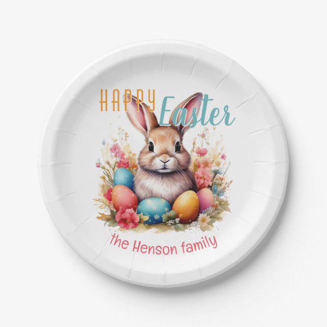 Assiettes En Carton Personalized Happy Easter Bunny Eggs Family  (Devant)