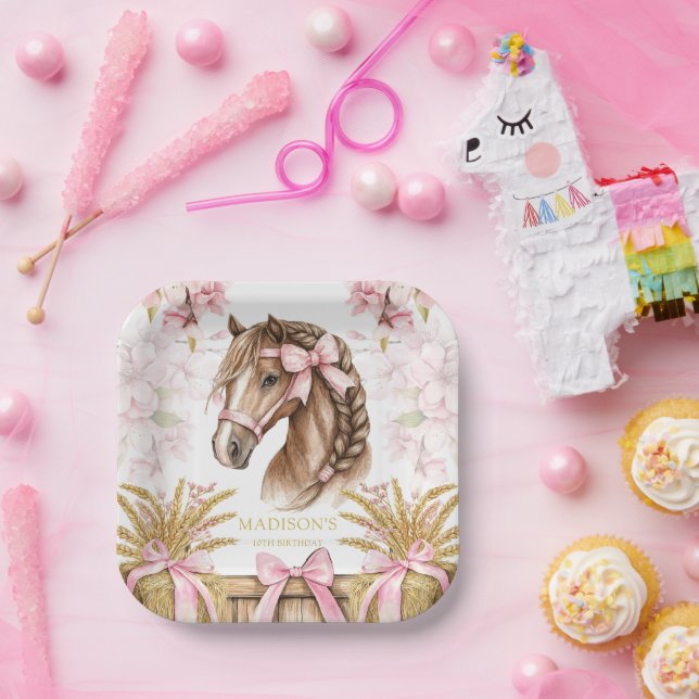 Assiettes En Carton Personalized Horse Paper Plate – Blush Pink (Fête)