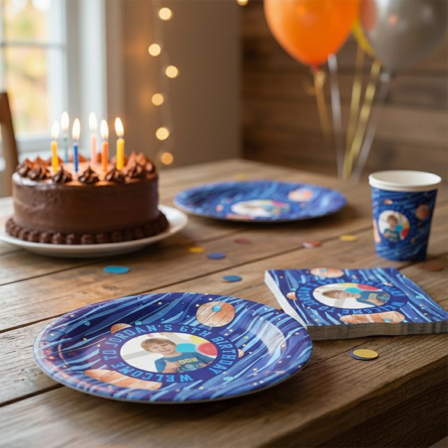 Assiettes En Carton Personalized Outer Space Galaxy Photo Birthday  (Créateur téléchargé)