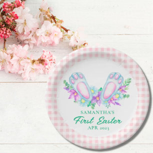 Assiettes En Carton Personalized Pink Plaid Bunny Feet My First Easter