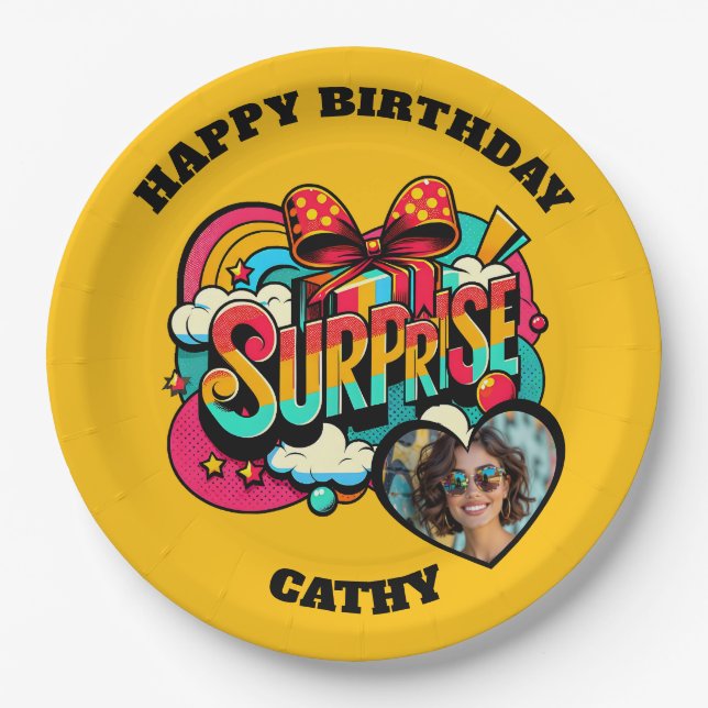 Assiettes En Carton Personalized Pop Art Retro Birthday Photo (Devant)
