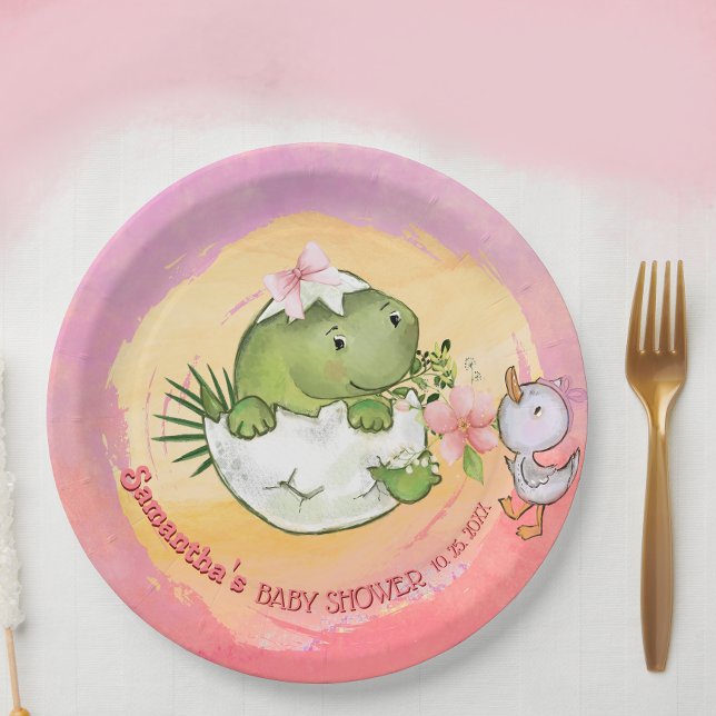Assiettes En Carton Personalized Round Dino & Duckling Baby Shower  (Personalized Round Dino & Duckling Baby Shower Paper Plates)