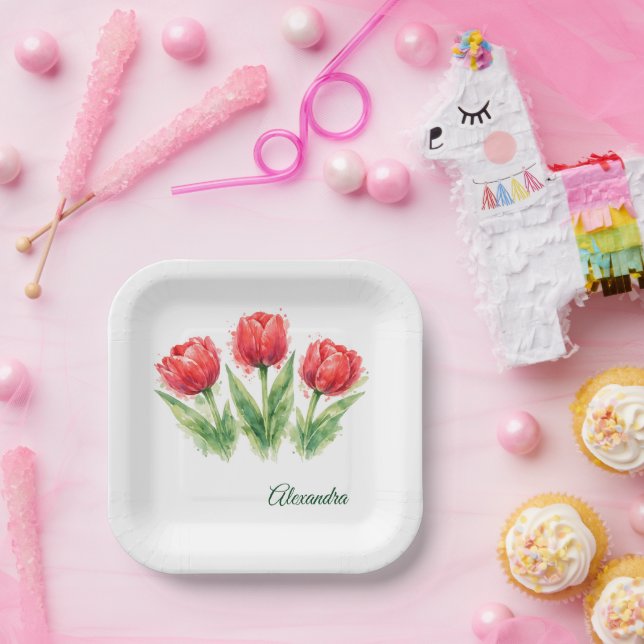 Assiettes En Carton Personalized Watercolor Red Tulips  (Fête)
